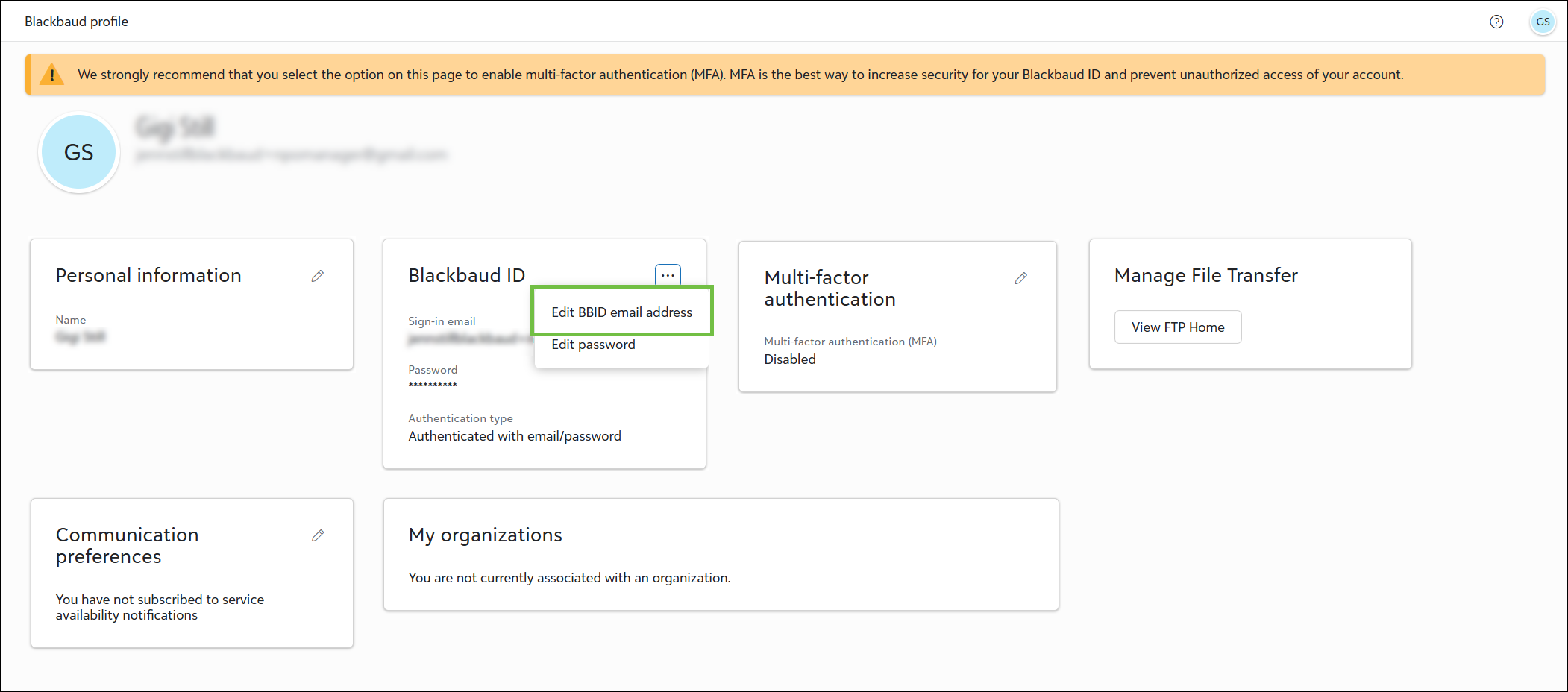Select Edit BBID email address in your Blackbaud ID profile to update the email tied to your account.