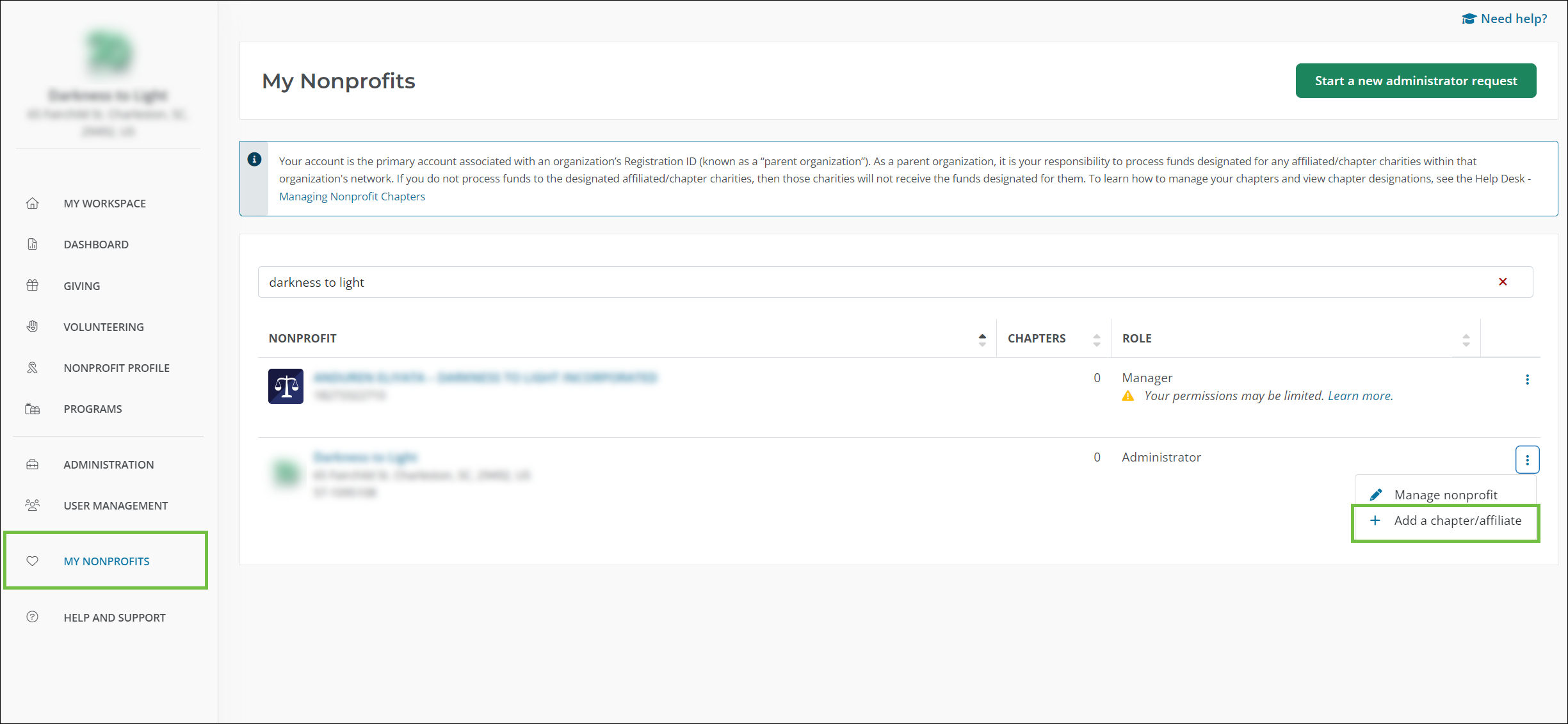 Select Add a chapter/affiliate in My Nonprofits to add your chapter.