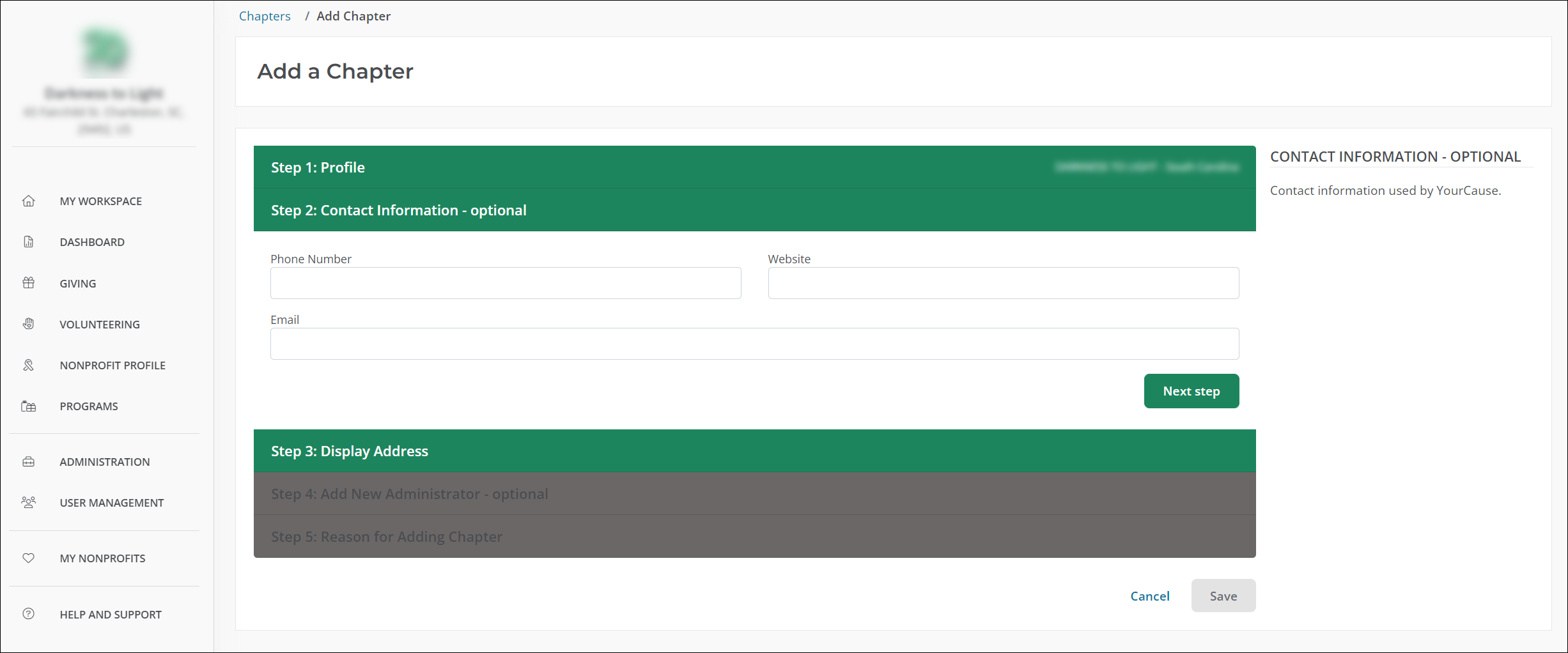 In Step 2, add your chapter's contact information.