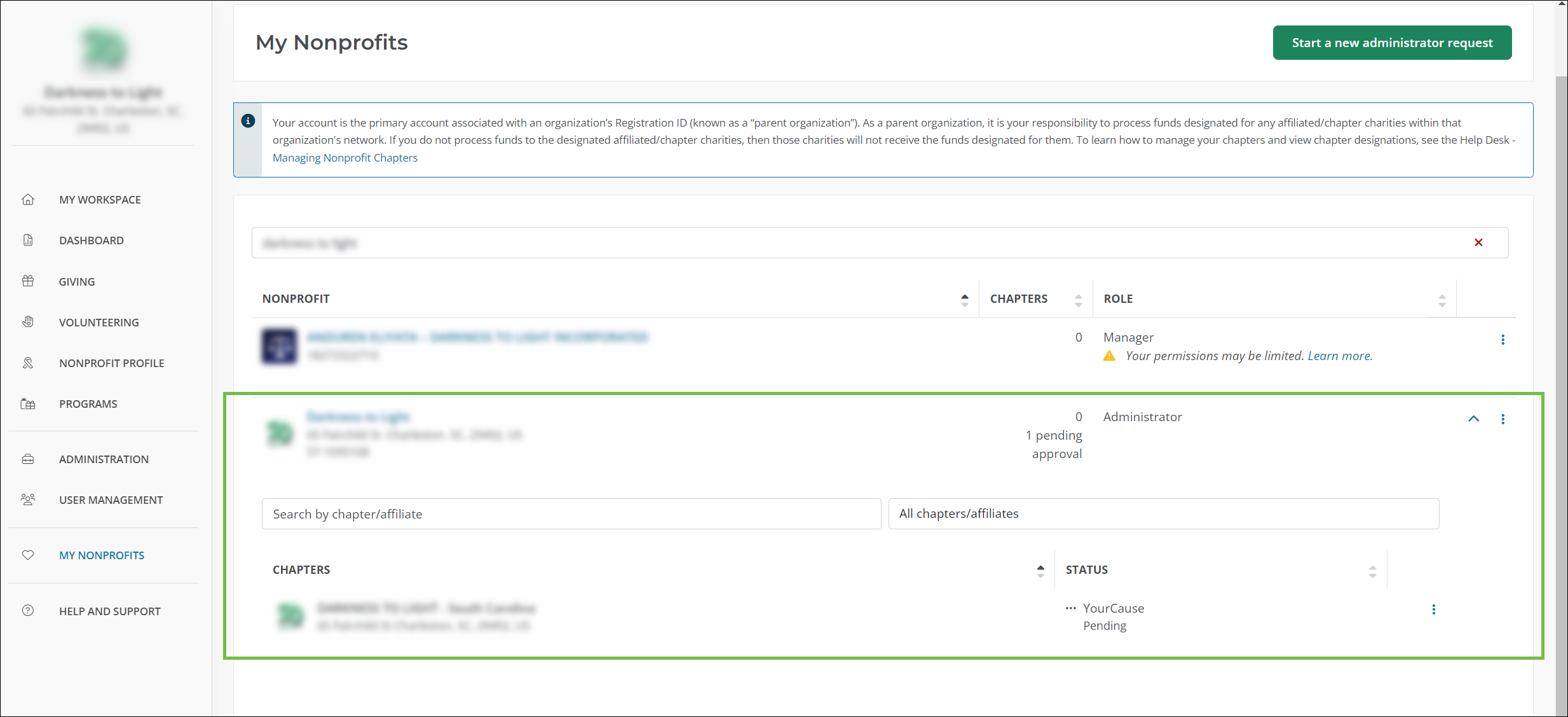 View and manage chapter requests in My Nonprofits.