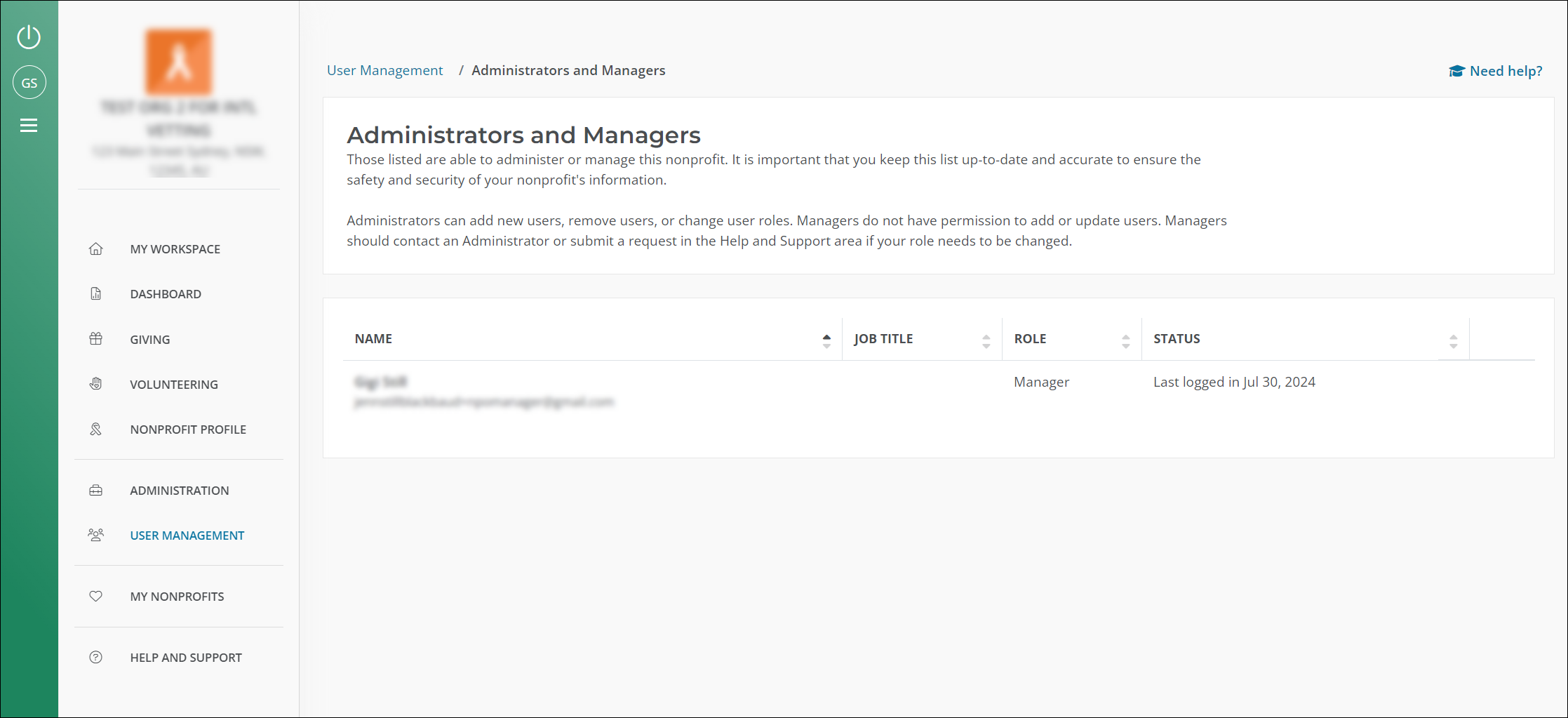 Read-only view of the Administrators and Managers area as seen by a Nonprofit Manager