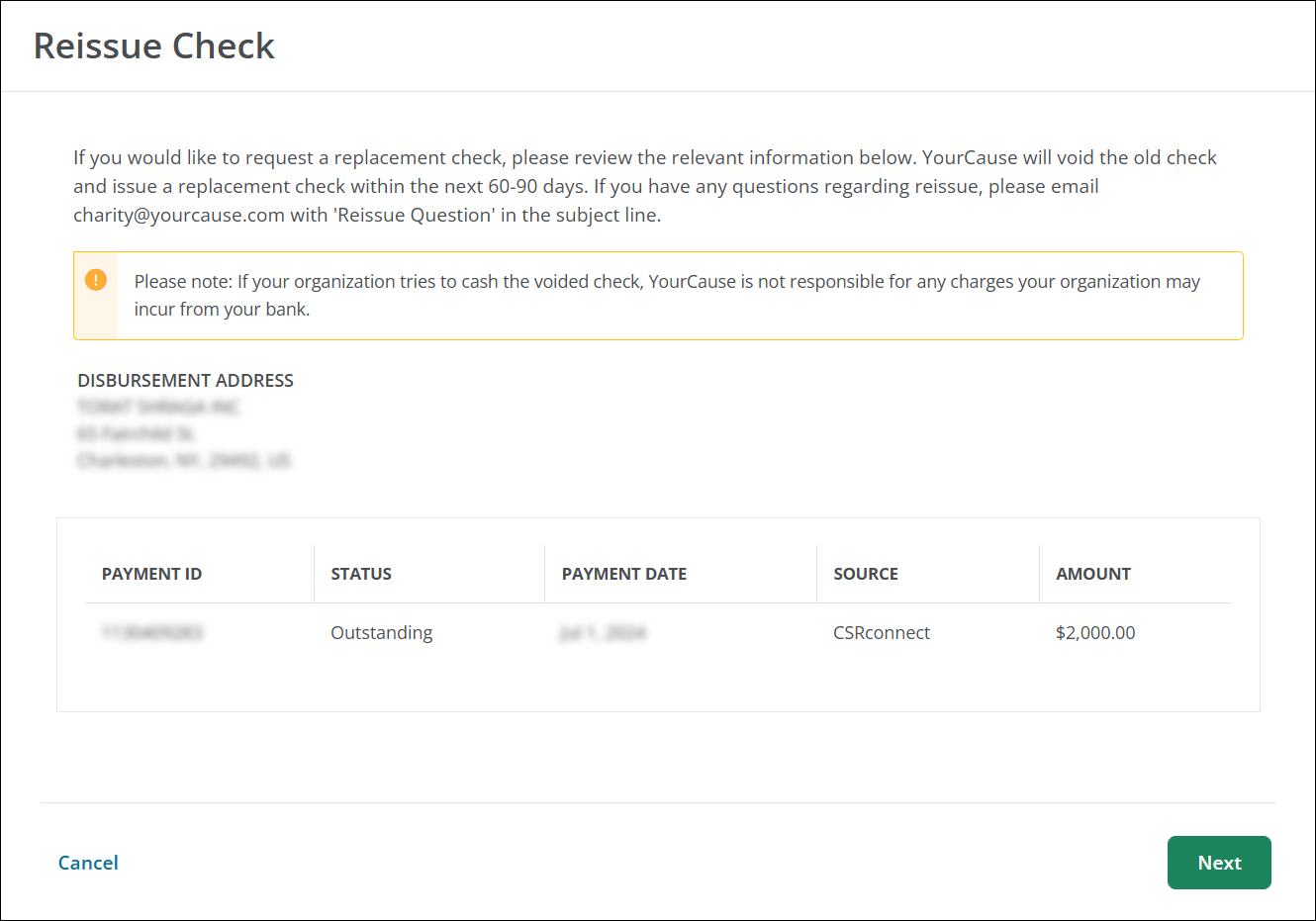 When requesting a check be reissued, review the information presented before proceeding to the next step.