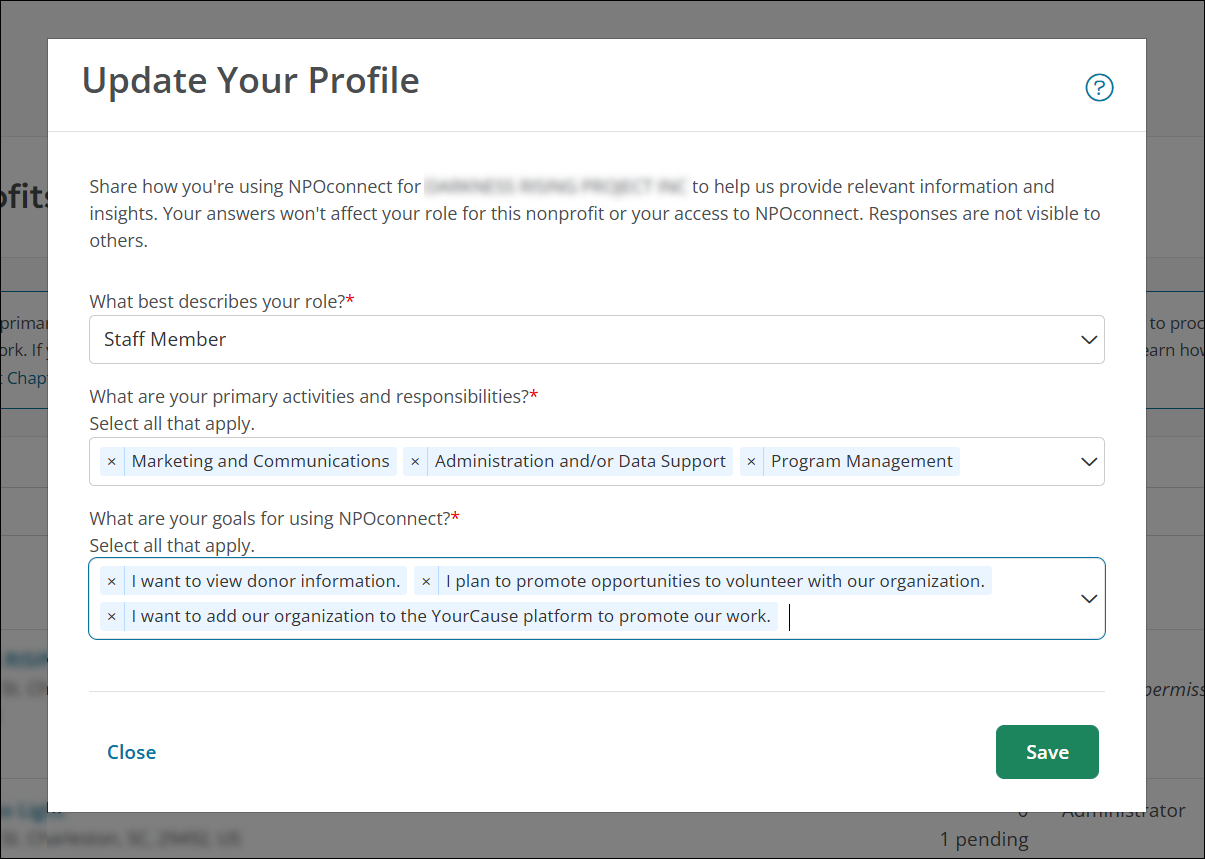 Select your custom profile responses for this specific nonprofit.
