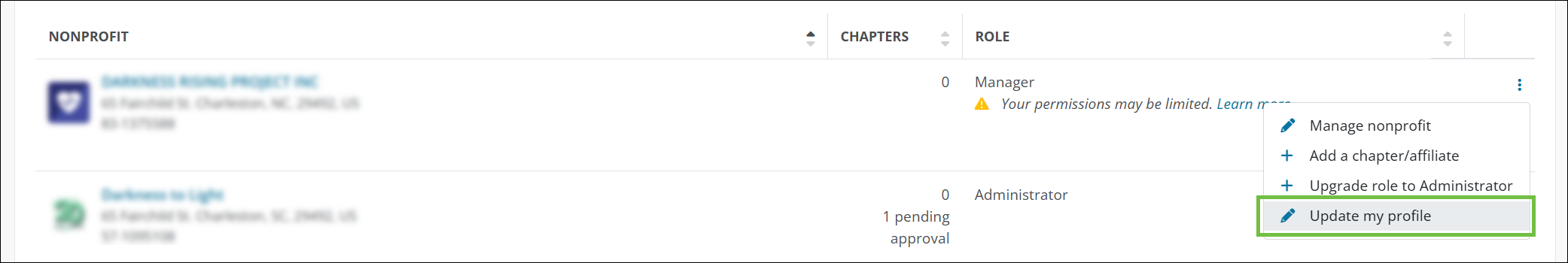 In My Nonprofits, select Update my profile for the nonprofit you want to edit.