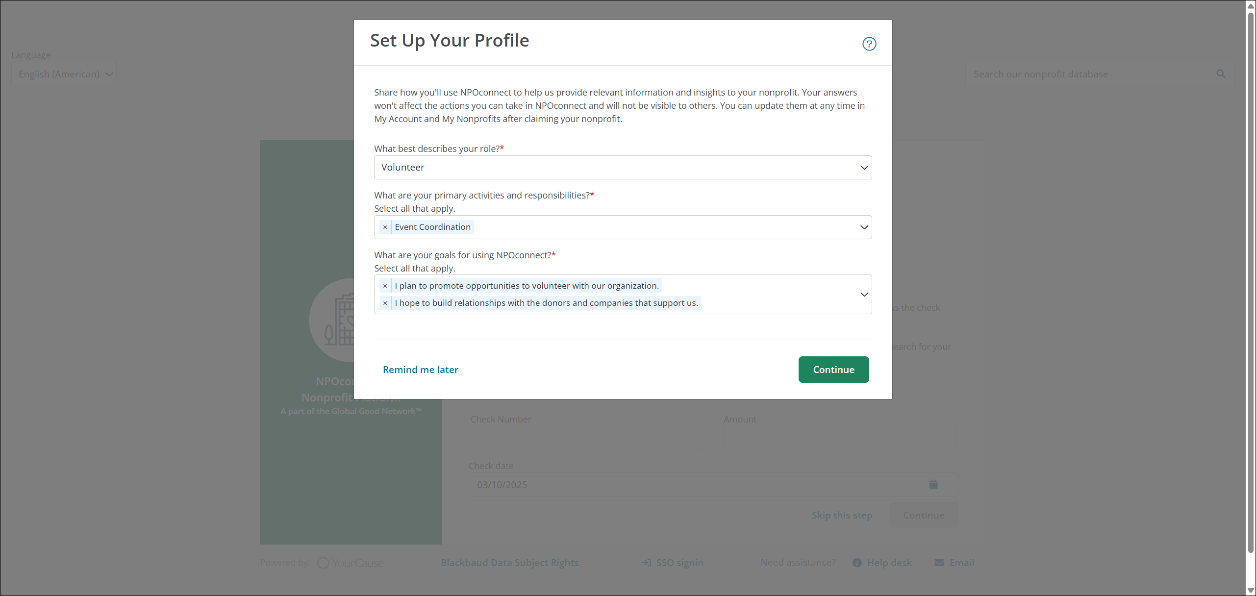 Answer questions about your role, responsibilities, and goals when signing in to NPOconnect to set up your profile.