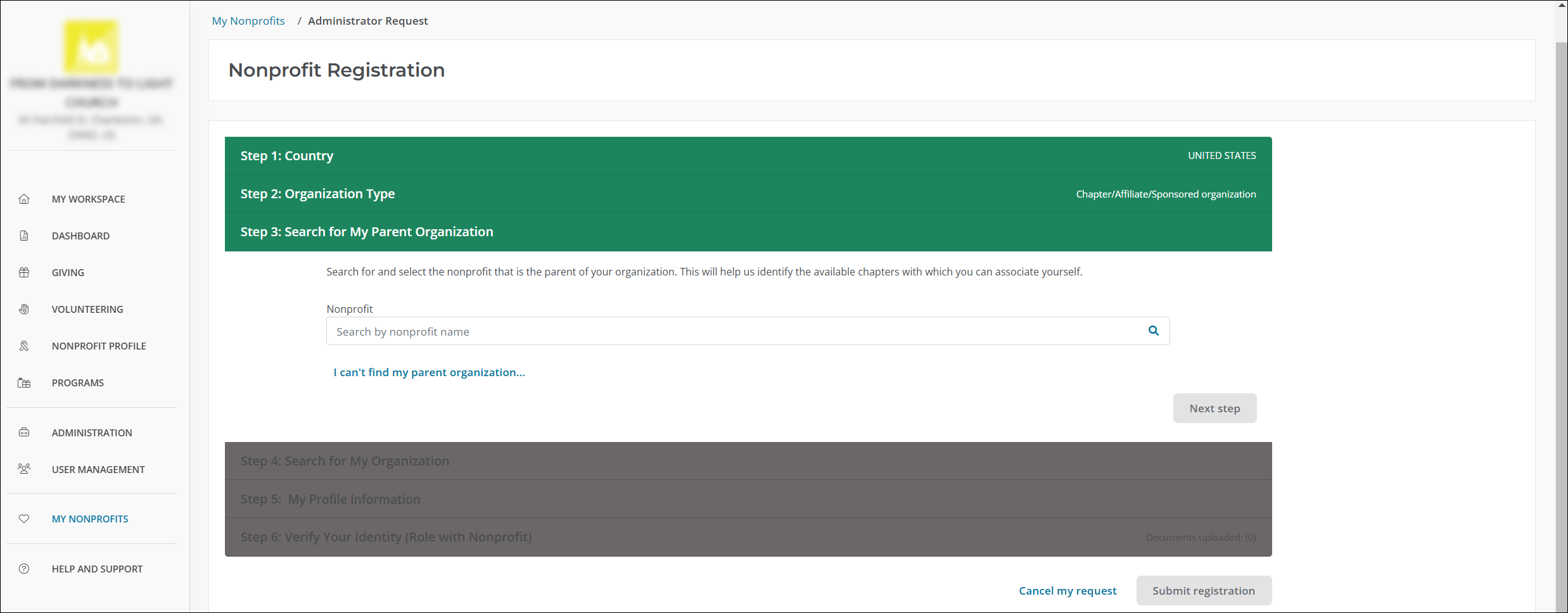 Search for your parent organization.