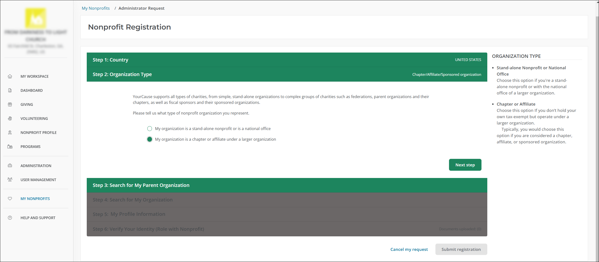 Select chapter or affiliate as your organization type.
