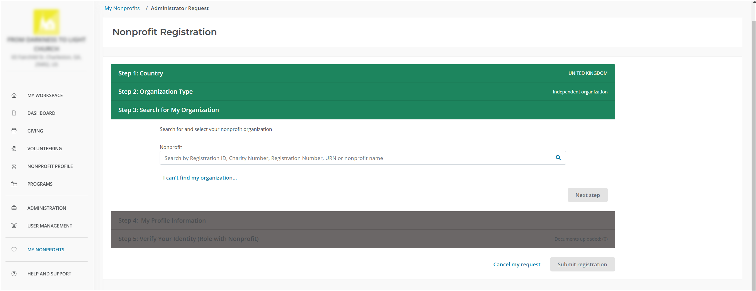 Search for and select your organization.