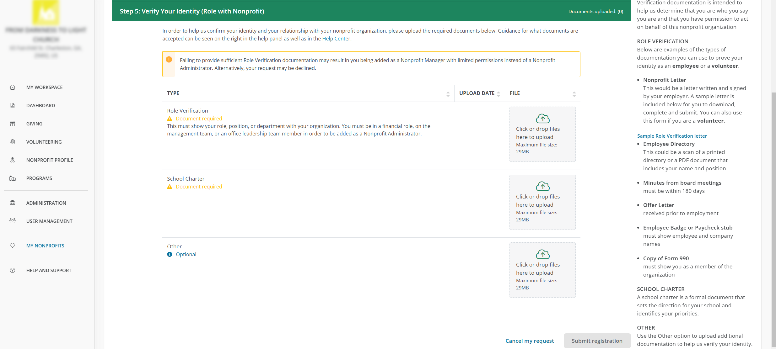Upload your school charter and role verification documentation.