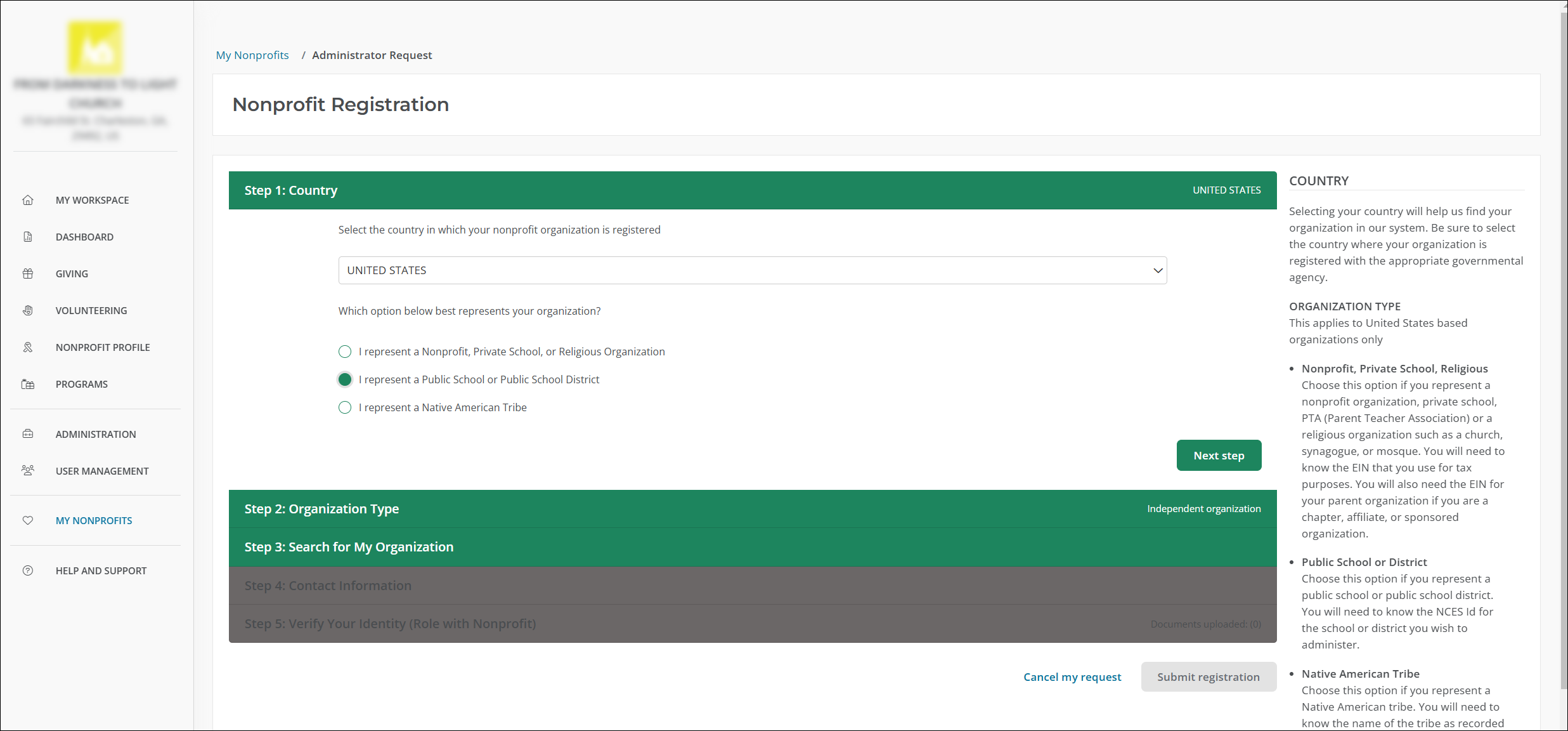 Select your country and then the option that states you represent a public school or school district.