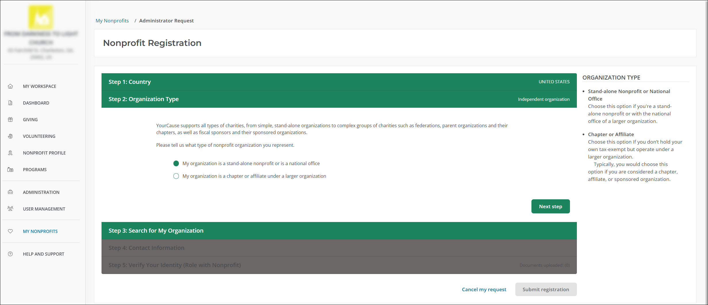 Select your organization type - stand-alone nonprofit or national office.