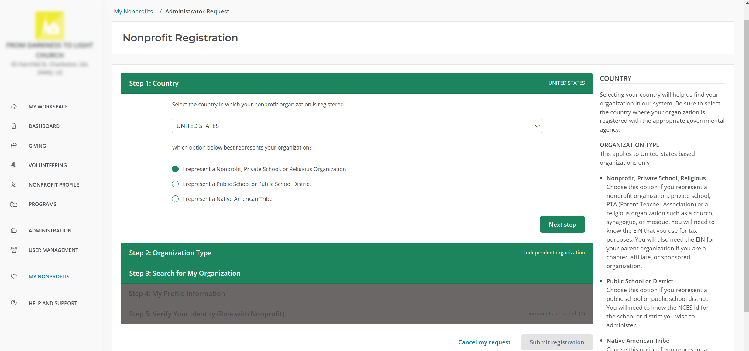 In Step 1, select your country and I represent a Nonprofit, Private School, or Relgious Organization.