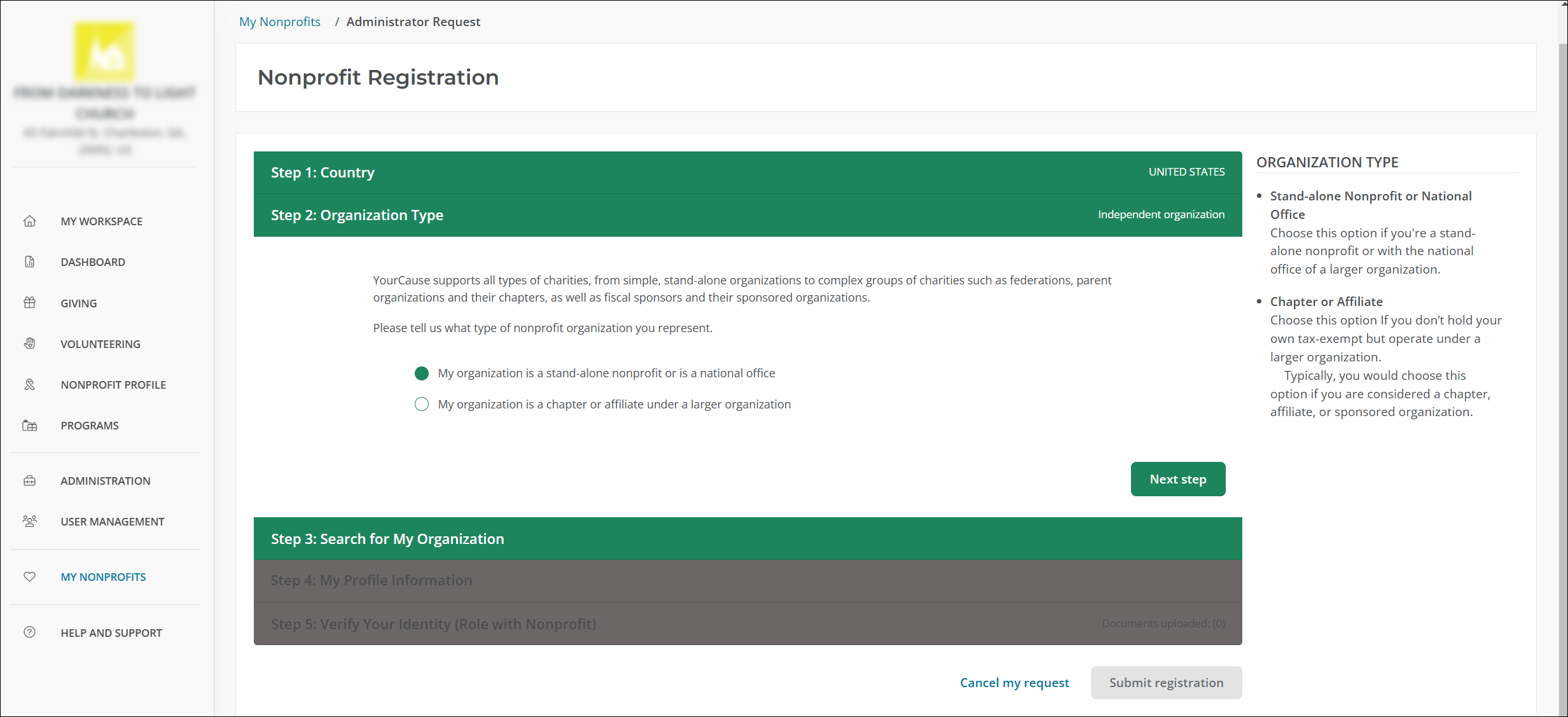 In Step 2, select My organization is a stand-alone nonprofit or is a national office.