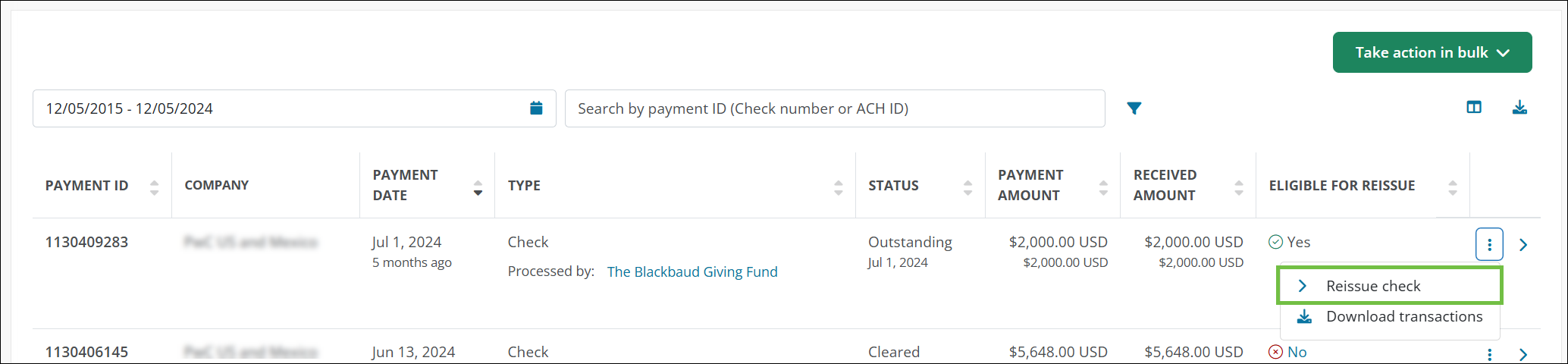 To request a check for a single payment be resent, select the payment options and then Reissue check.