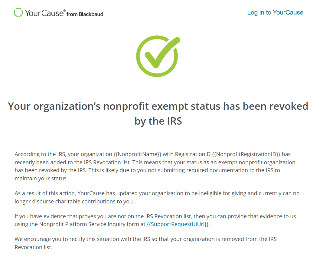 Preview of the automated email nonprofits receive if their exemption status has been revoked by the IRS