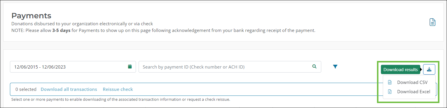 Download results as CSV or Excel in the Payments area
