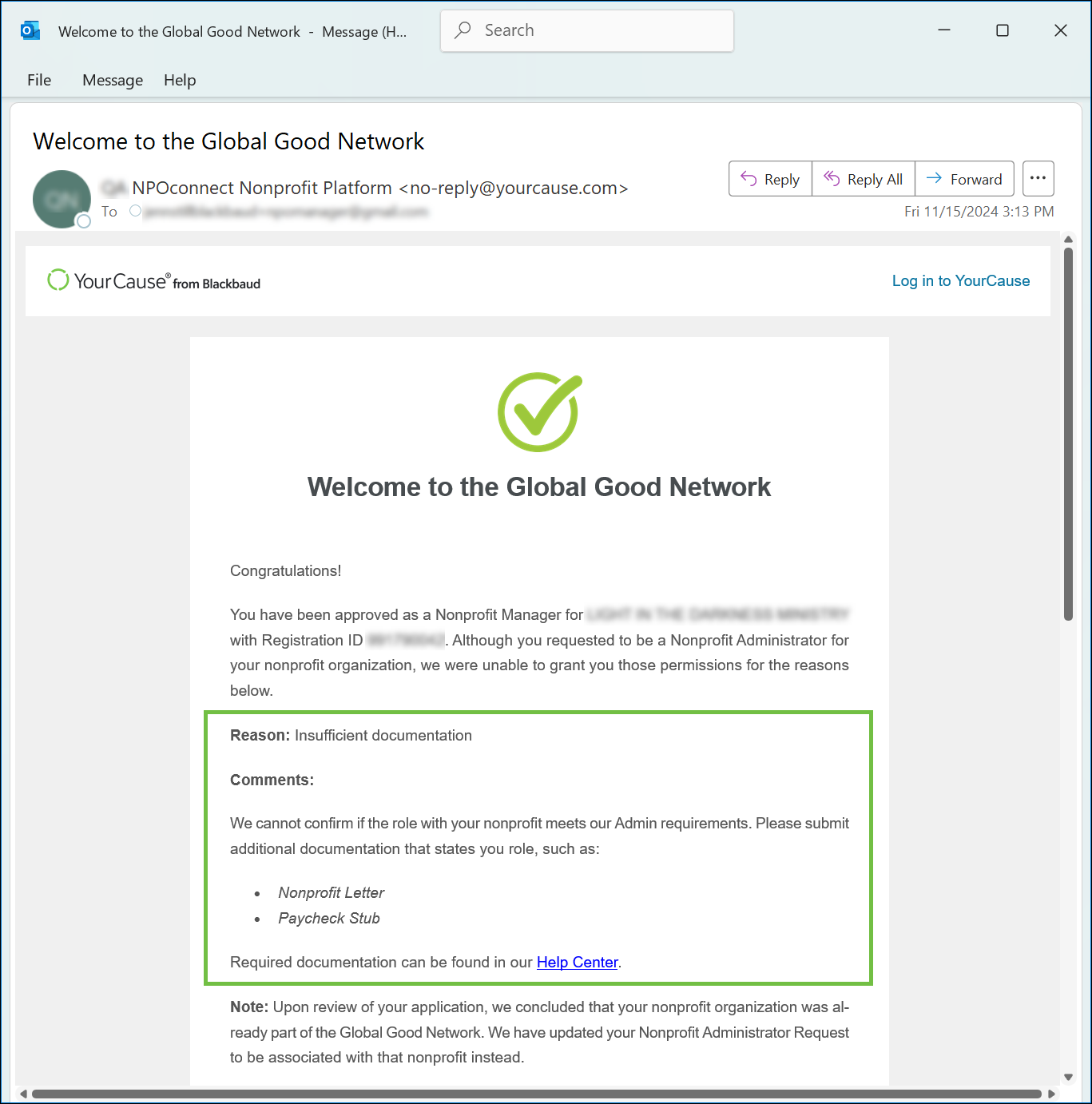 Example of the Admin Request confirmation email for Managers.