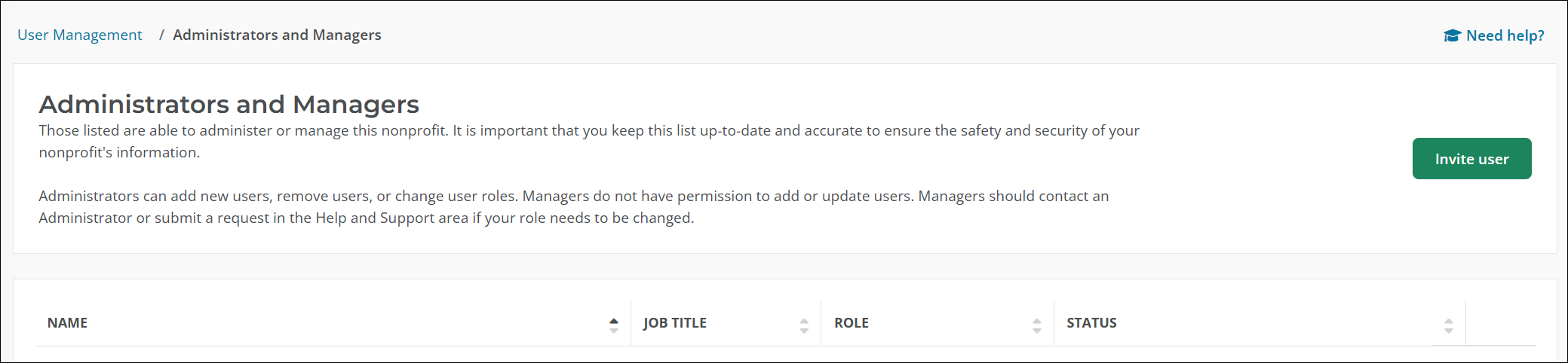 Select Invite user to add a new user as a Manager or Administrator for your nonprofit