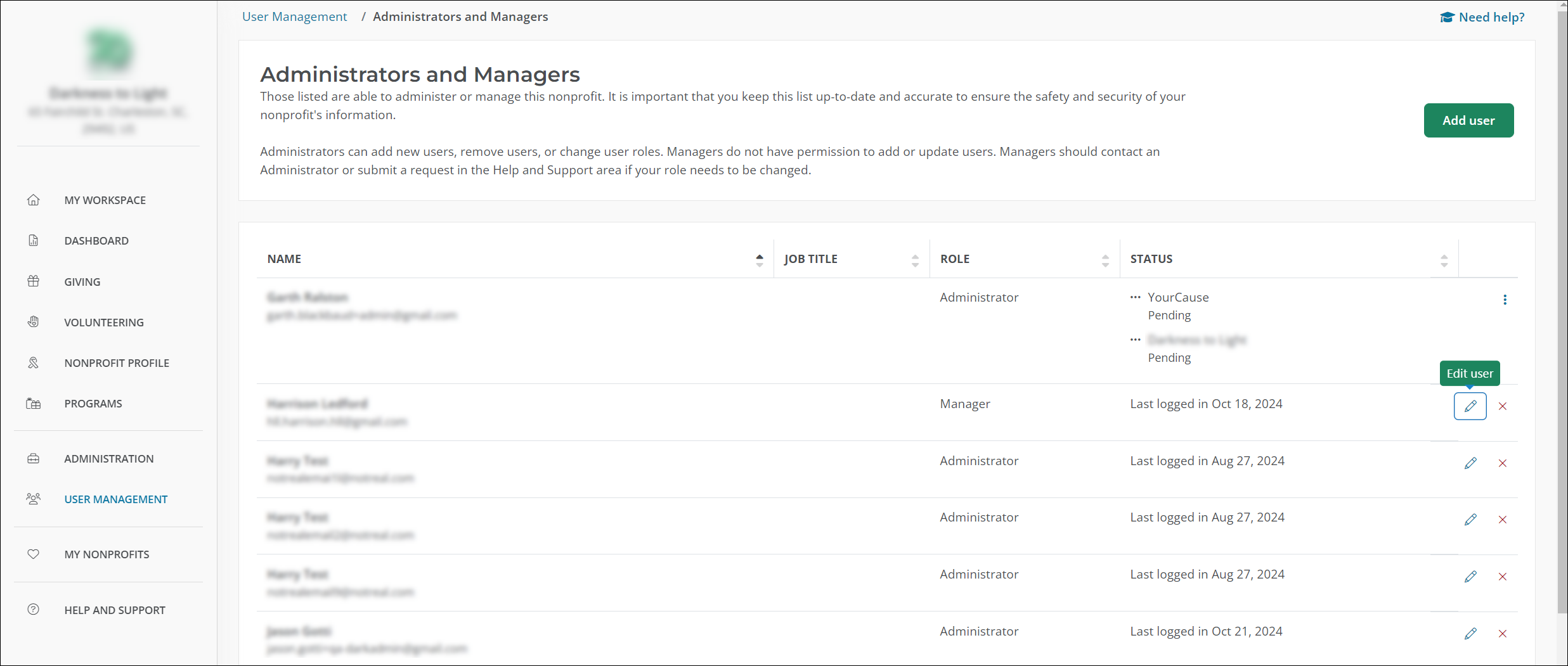 In Administrators and Managers, select Edit user next to the Manager you want to update.
