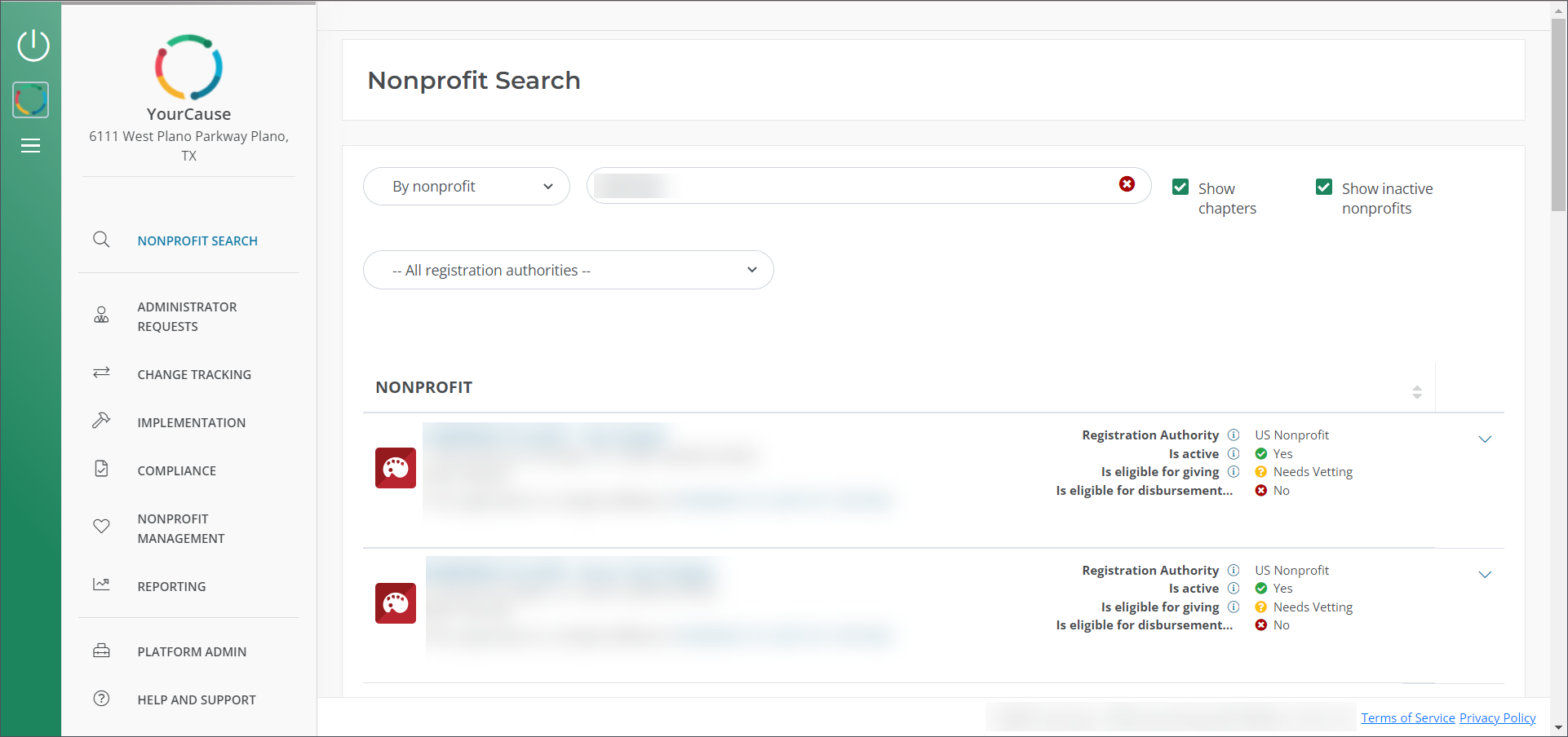 Dashboard view for YourCause Internal Administrators