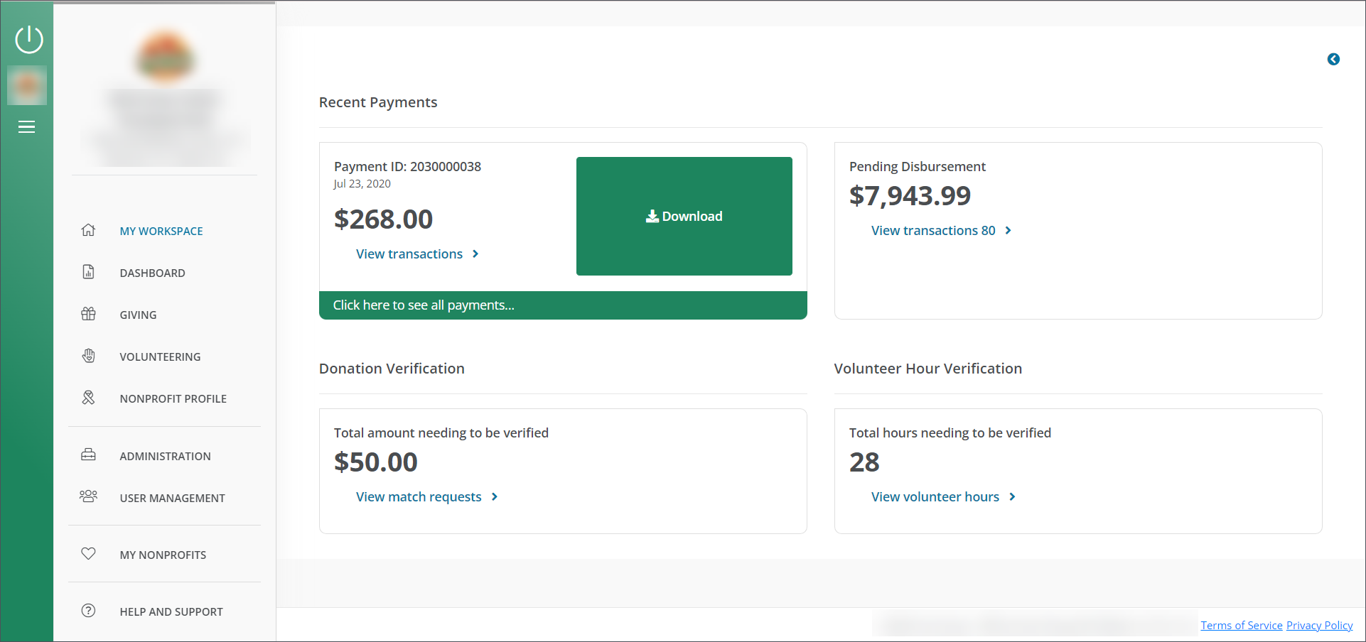 Dashboard view for Nonprofit Administrators
