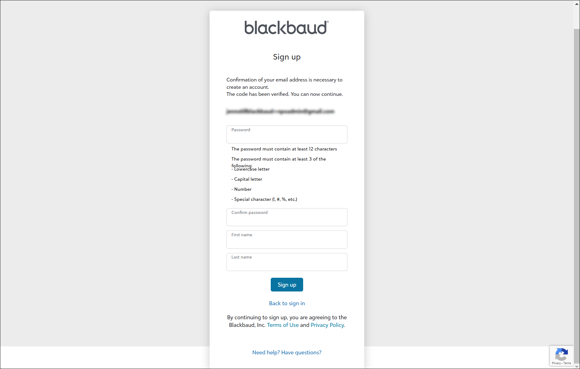 Enter your password and name for your Blackbaud ID before clicking Sign up.