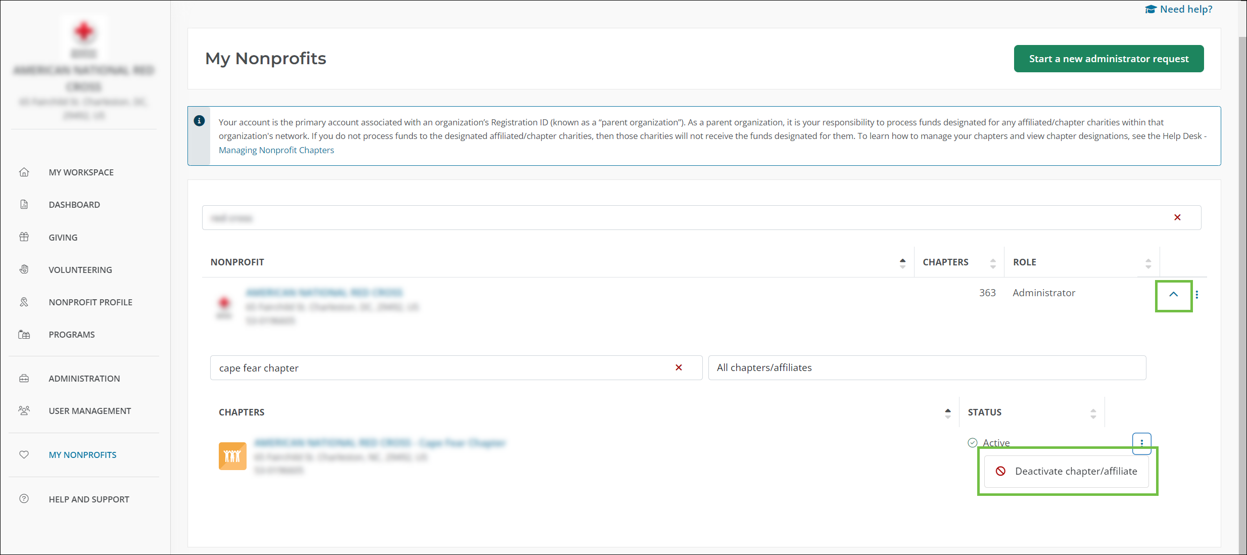 Select Deactivate chapter/affiliate in My Nonprofits to remove a chapter.