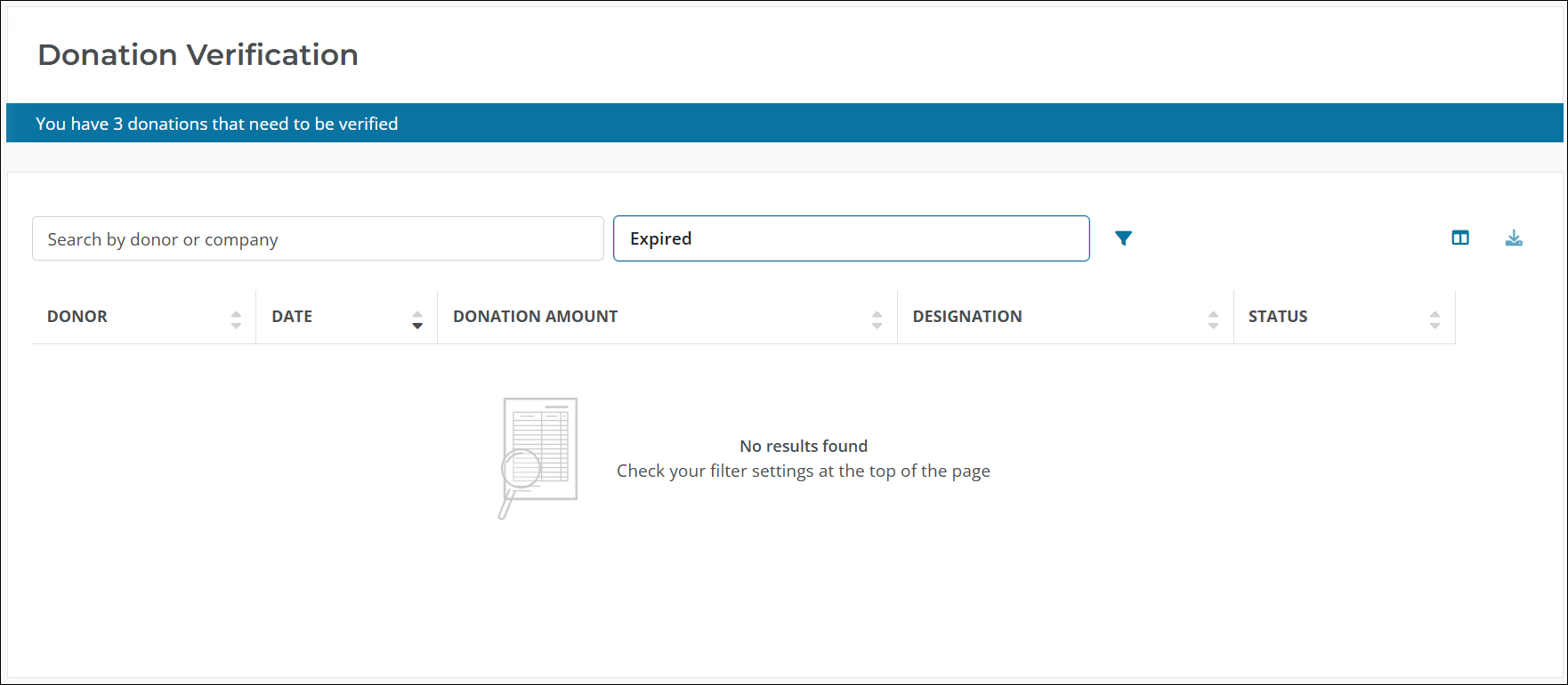 Select the Expired filter on the Donation Verification page to view expired gifts.