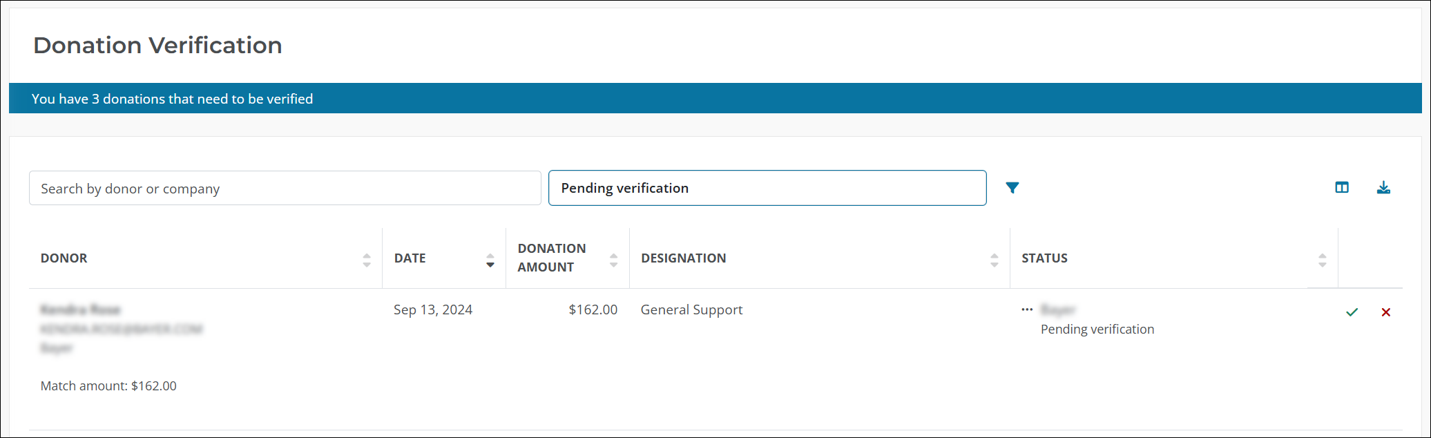 Select the Pending verification filter on the Donation Verification page to view match gifts that need to be reviewed.