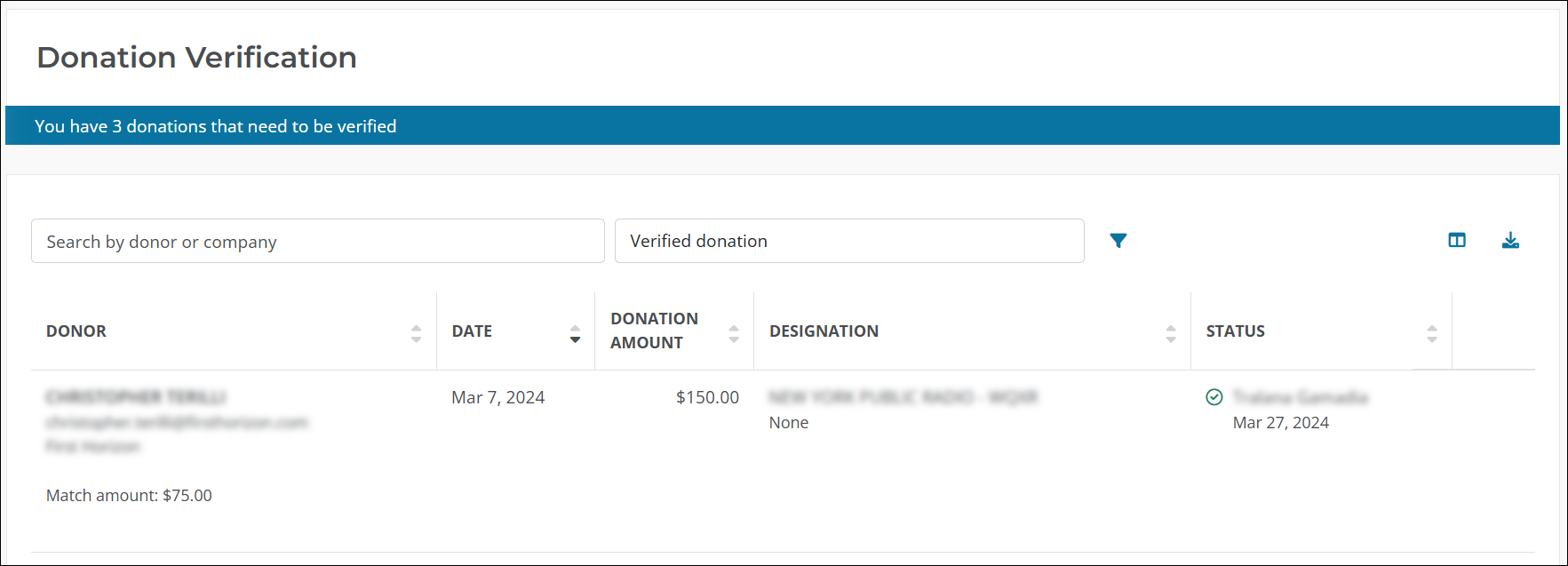 Filter the Donation Verification page by Verified donation to view approved matches.