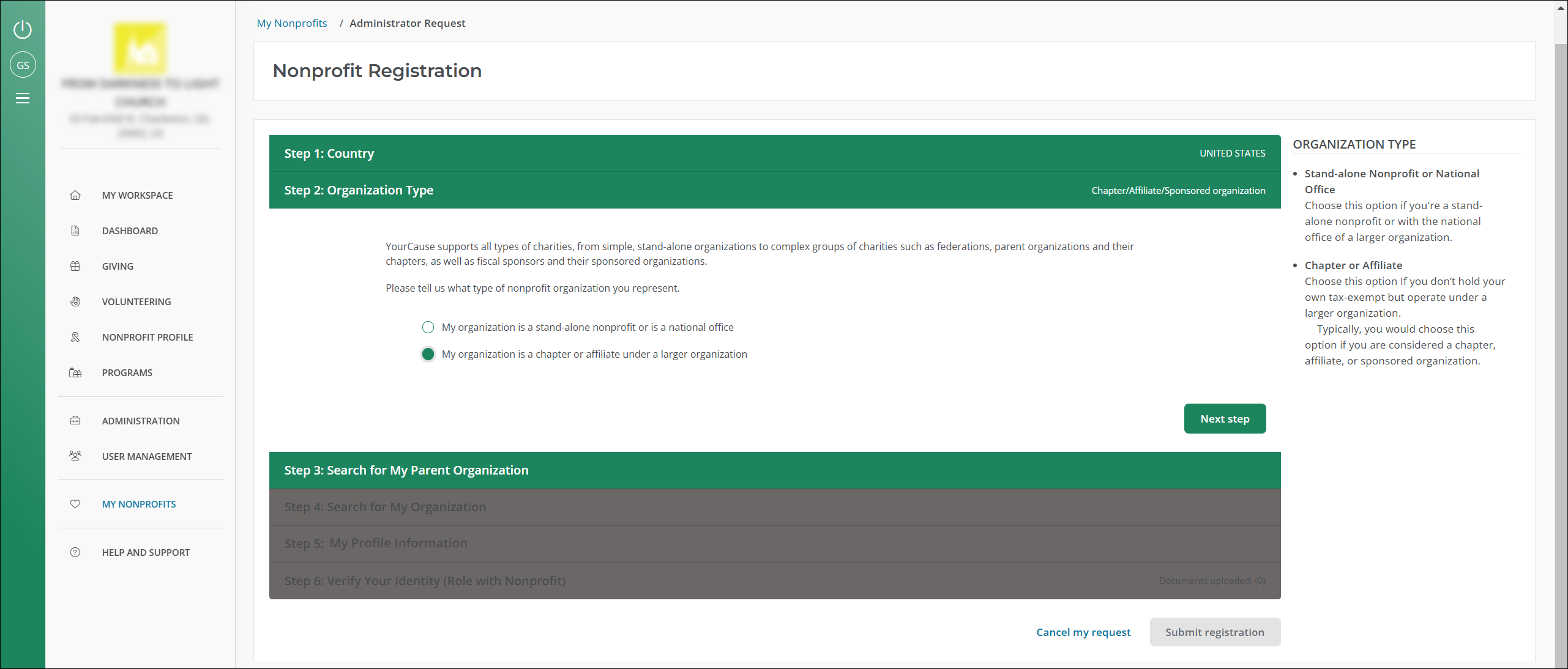 Select chapter or affiliate as your organization type.