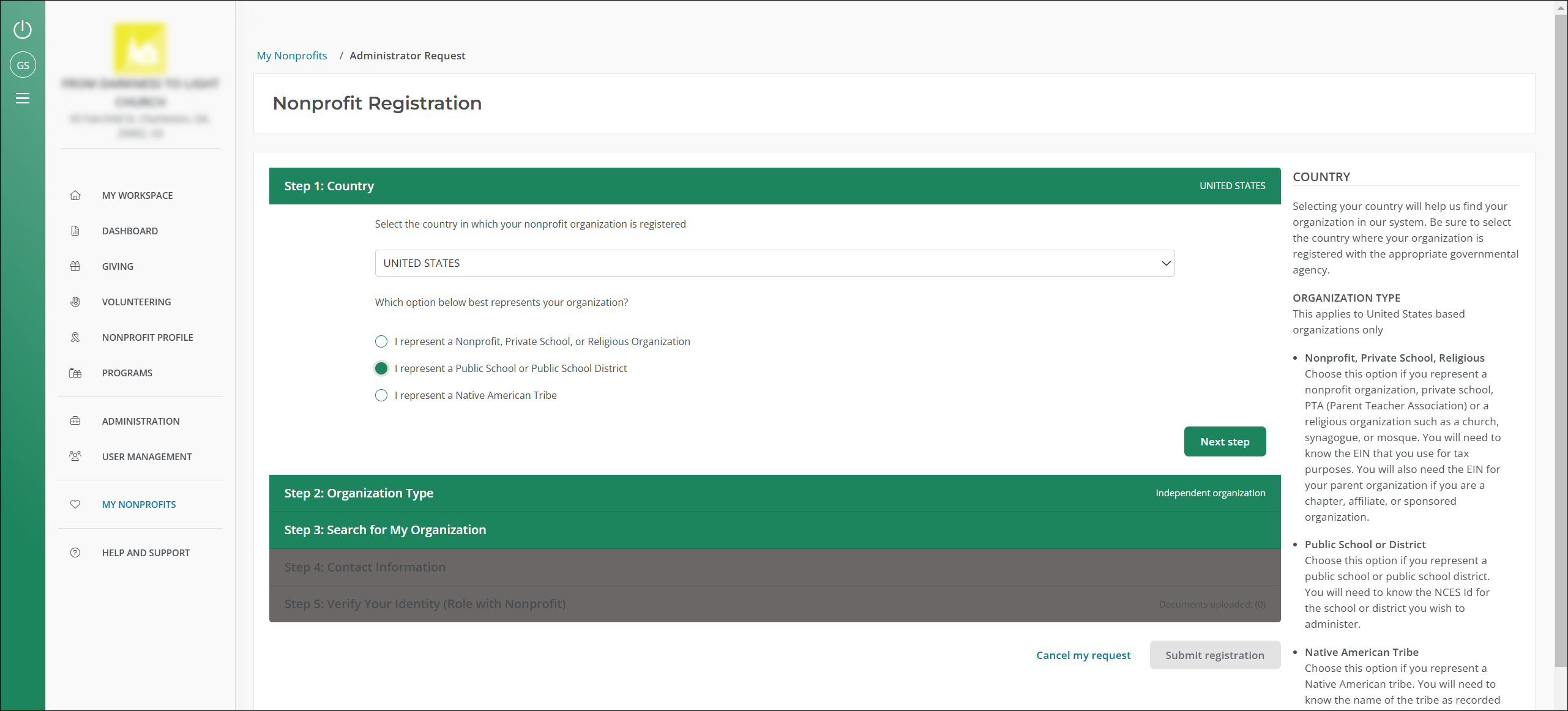 Select your country and then the option that states you represent a public school or school district.