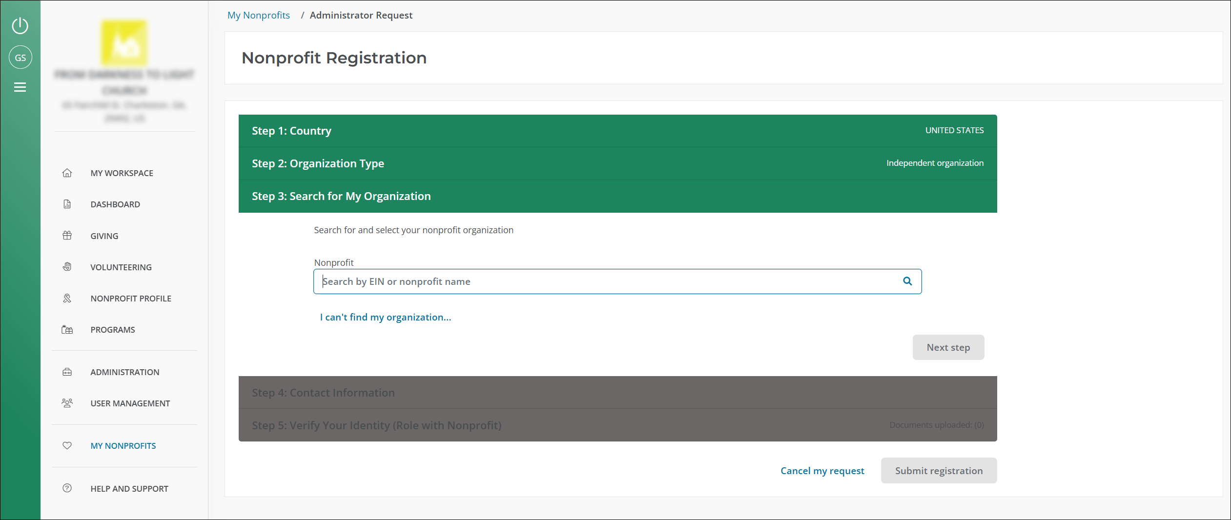 In the Search for My Organization step, search for your nonprofit by its name or tax ID. 