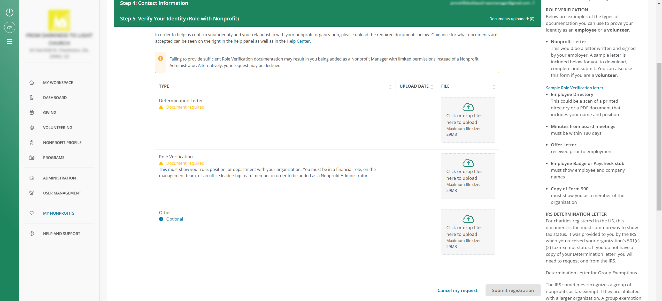 In the final step, upload the requested documents that verify your role with your nonprofit.