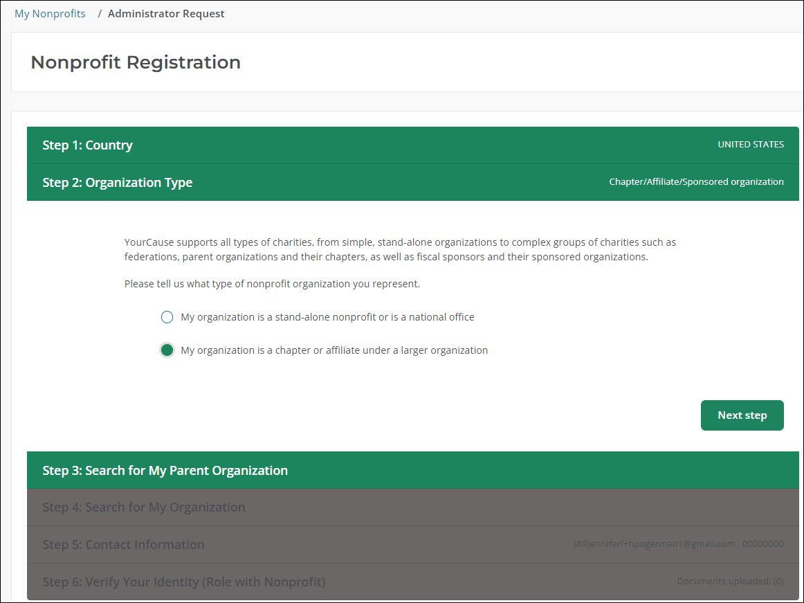 Step 2: Organization Type of Nonprofit Registration workflow