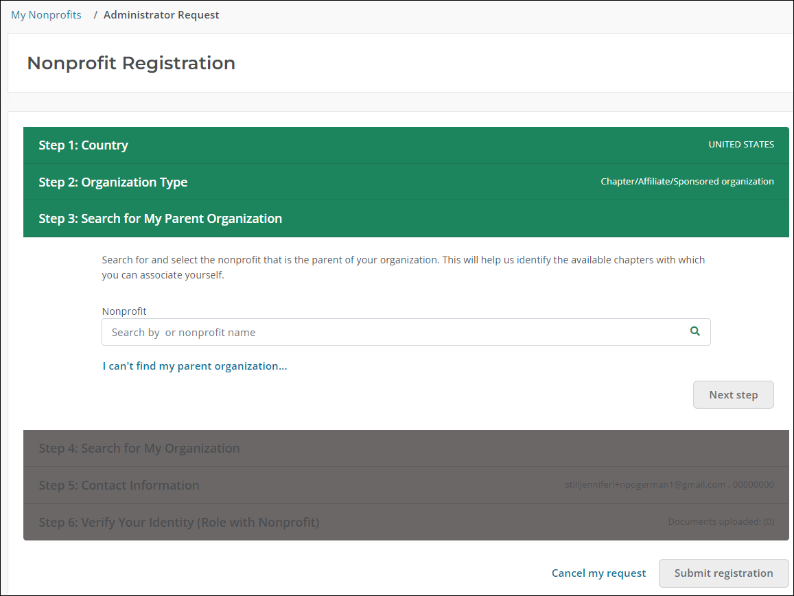Step 3: Search for My Organization of Nonprofit Registration workflow