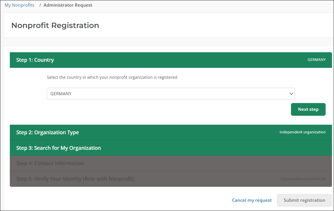 Step 1: Country of Nonprofit Registration workflow