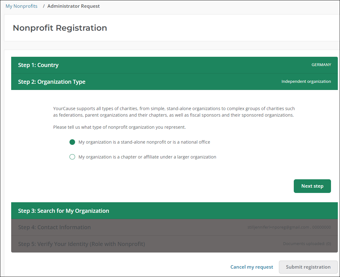 Step 2: Organization Type of Nonprofit Registration workflow