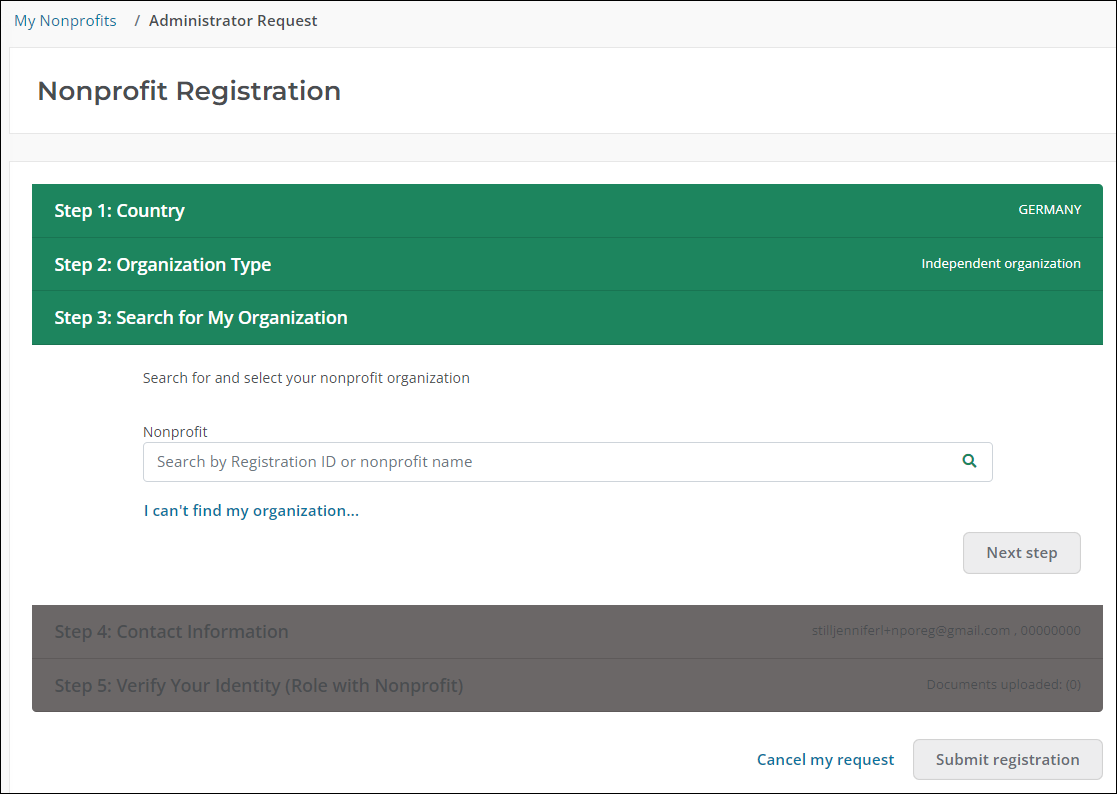 Step 3: Search for My Organization of Nonprofit Registration workflow