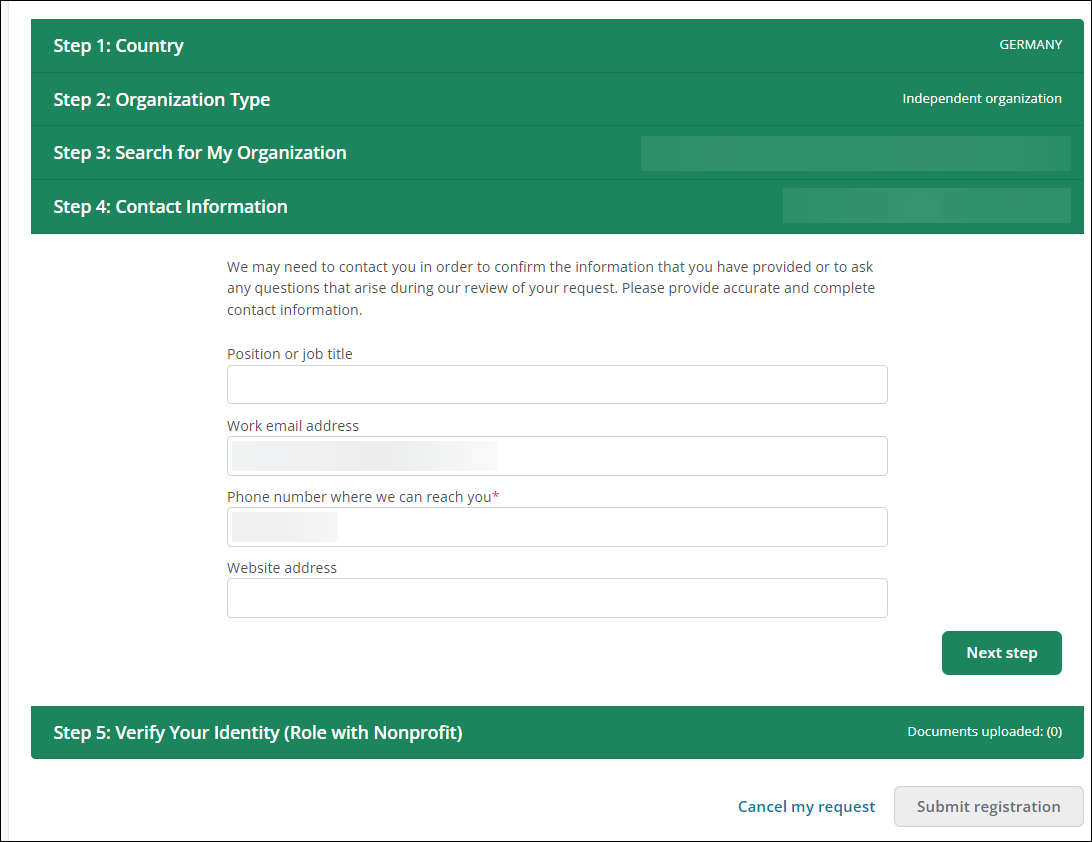 Step 4: Contact Information of Nonprofit Registration workflow