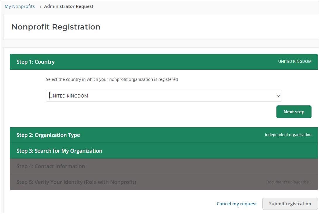 Step 1: Country of Nonprofit Registration workflow