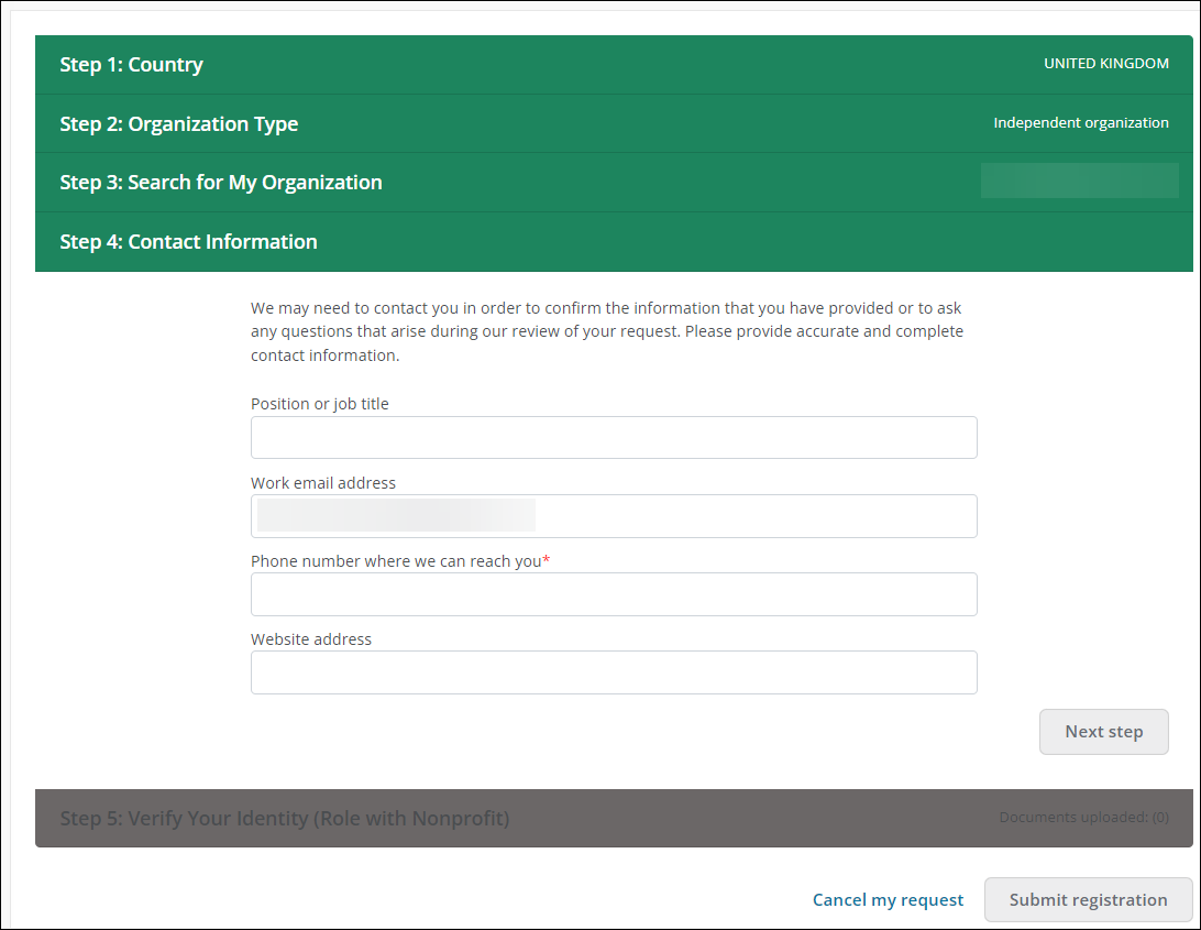 Step 4: Contact Information of Nonprofit Registration workflow