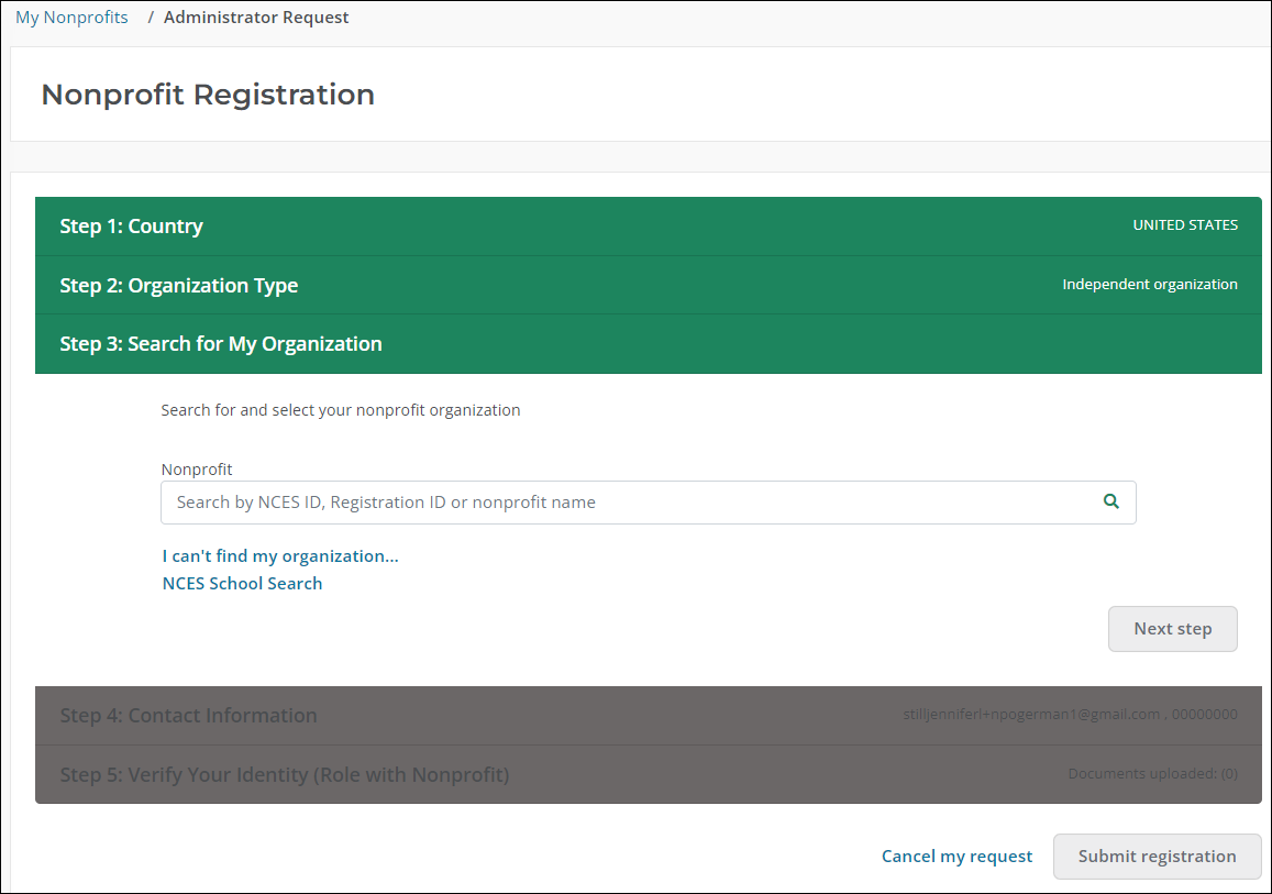 Step 3: Search for My Organization of Nonprofit Registration workflow