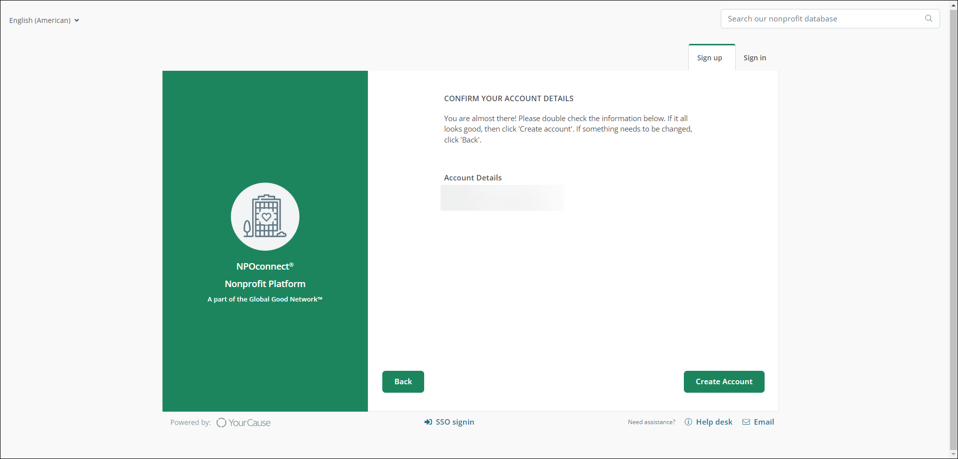 Confirm your account details on the Sign Up page in NPOconnect