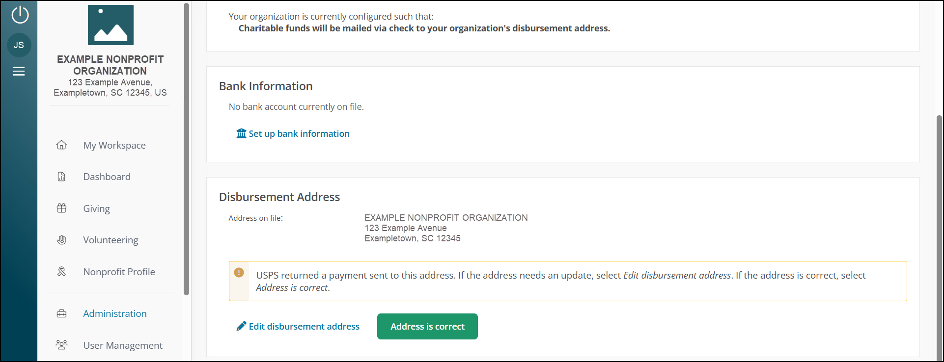 View of disbursement address confirmation with sample nonprofit data.
