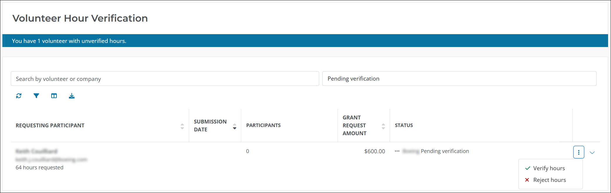 Select the ellipsis icon next to the volunteer's request and then either Verify hours or Reject hours.