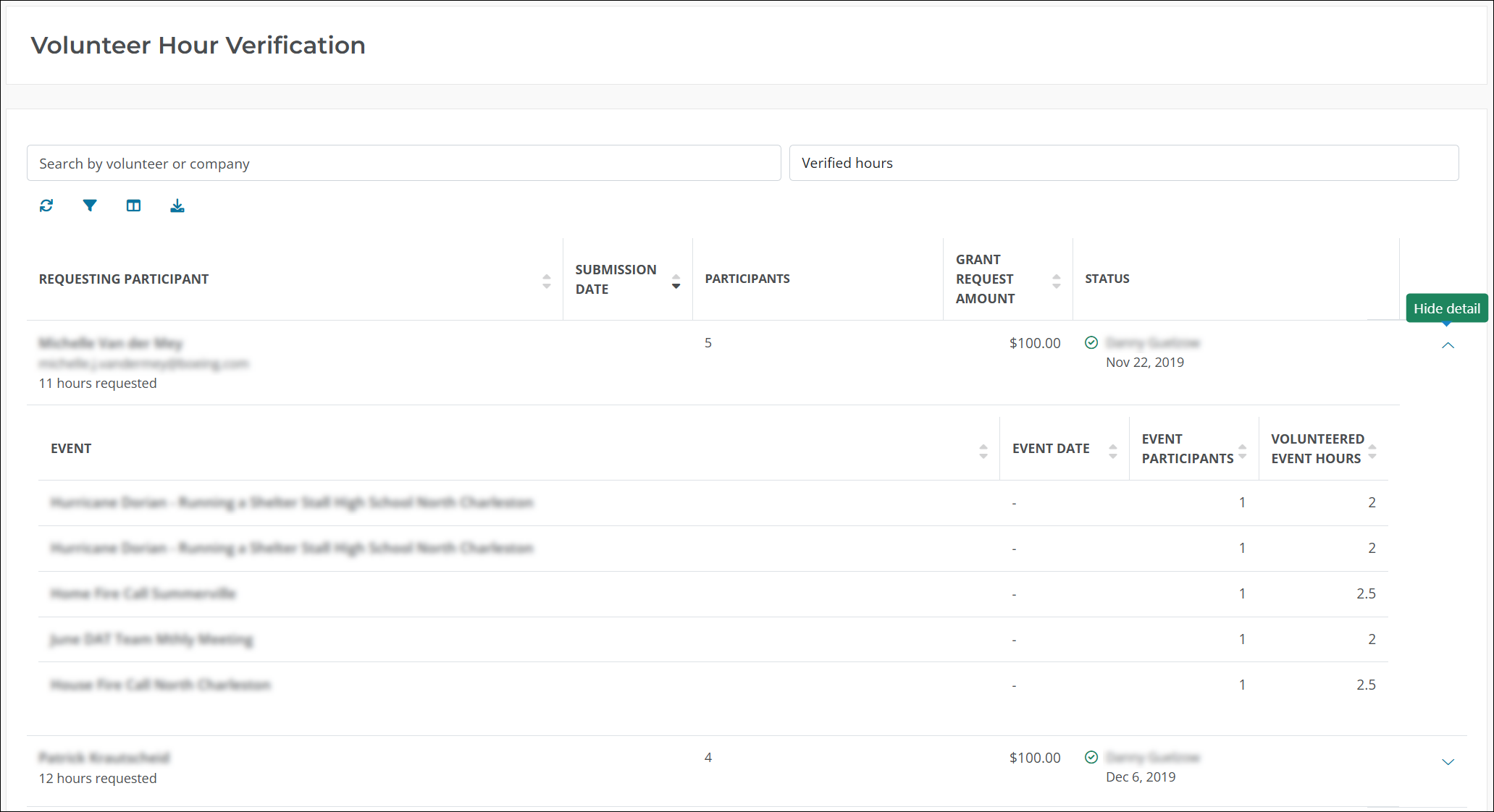 Filter the Volunteer Hour Verification table by Verified hours to view approved hours.