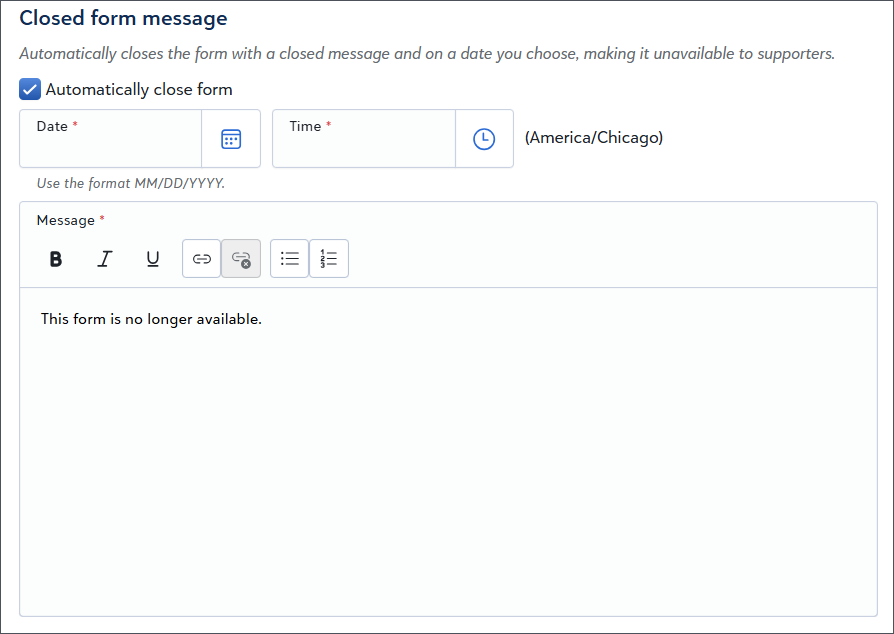 Configure a constituent form to automatically close.