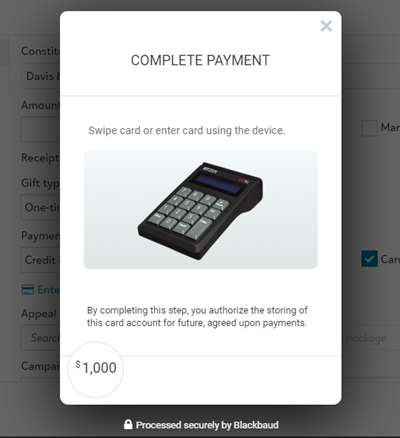 The Blackbaud Checkout form prompting the user to swipe or enter card info through a P2PE device.