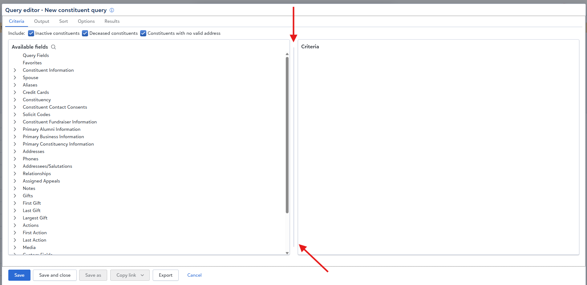 Arrows point to resizable Query editor pane divider